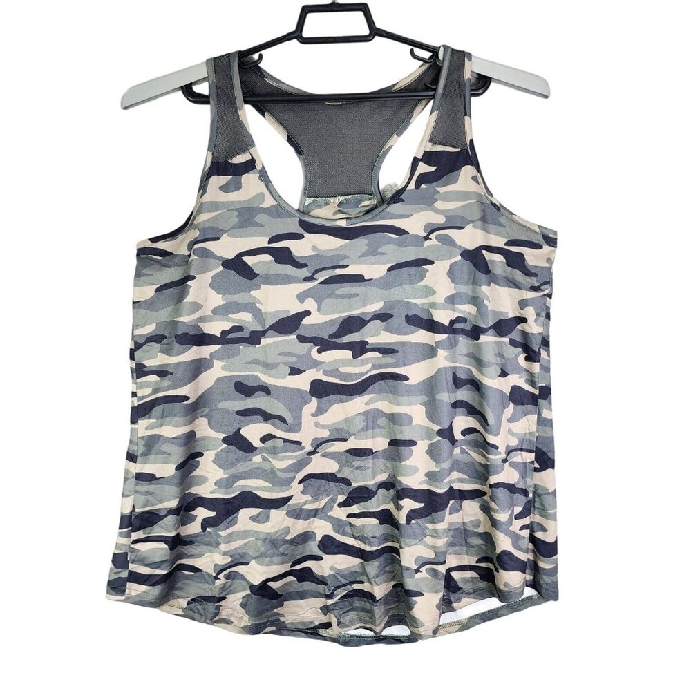 Womans ForeTond  Green Tan Black Camo Tank Top Racer Back Polyester Stretch XL